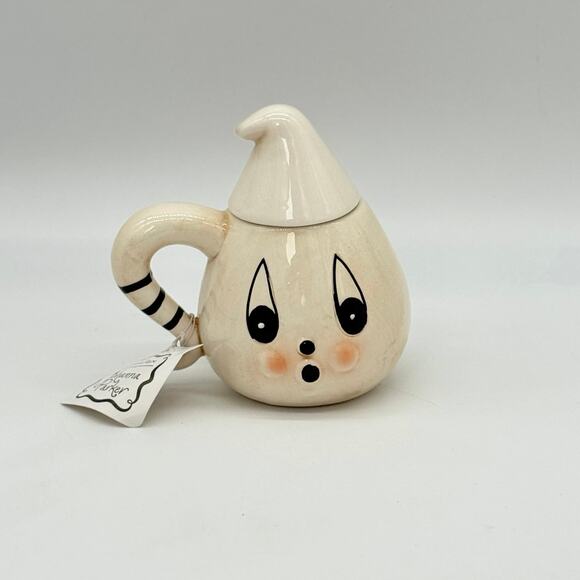 New Johanna Parker Ghost Teacup Mug With Lid Smiling Halloween Decor - Picture 1 of 9